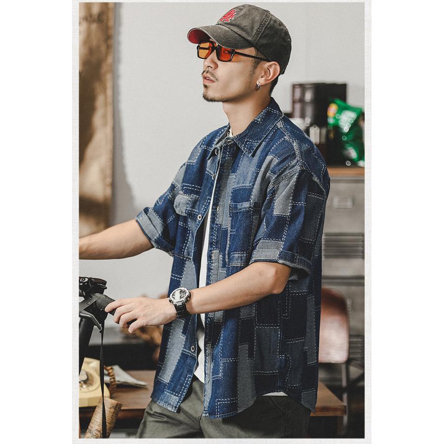 デニムシャツ メンズ アメカジ カジュアルシャツ カレッジ ダブルポケット 半袖シャツ オシャレ 柄物 トップス 羽織り 男子 ワークシャツ ウォッシュ加工 | ホームアイホーム | 09