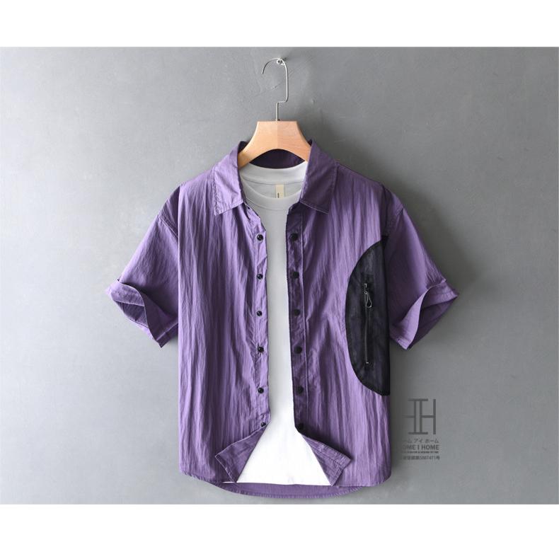 半袖シャツ メンズ ナイロンシャツ カラー配色 メンズシャツ おしゃれ スナップボタン メッシュポケット 速乾 ひんやり アウトドア トップス 羽織り 夏 夏服 | ホームアイホーム | 10