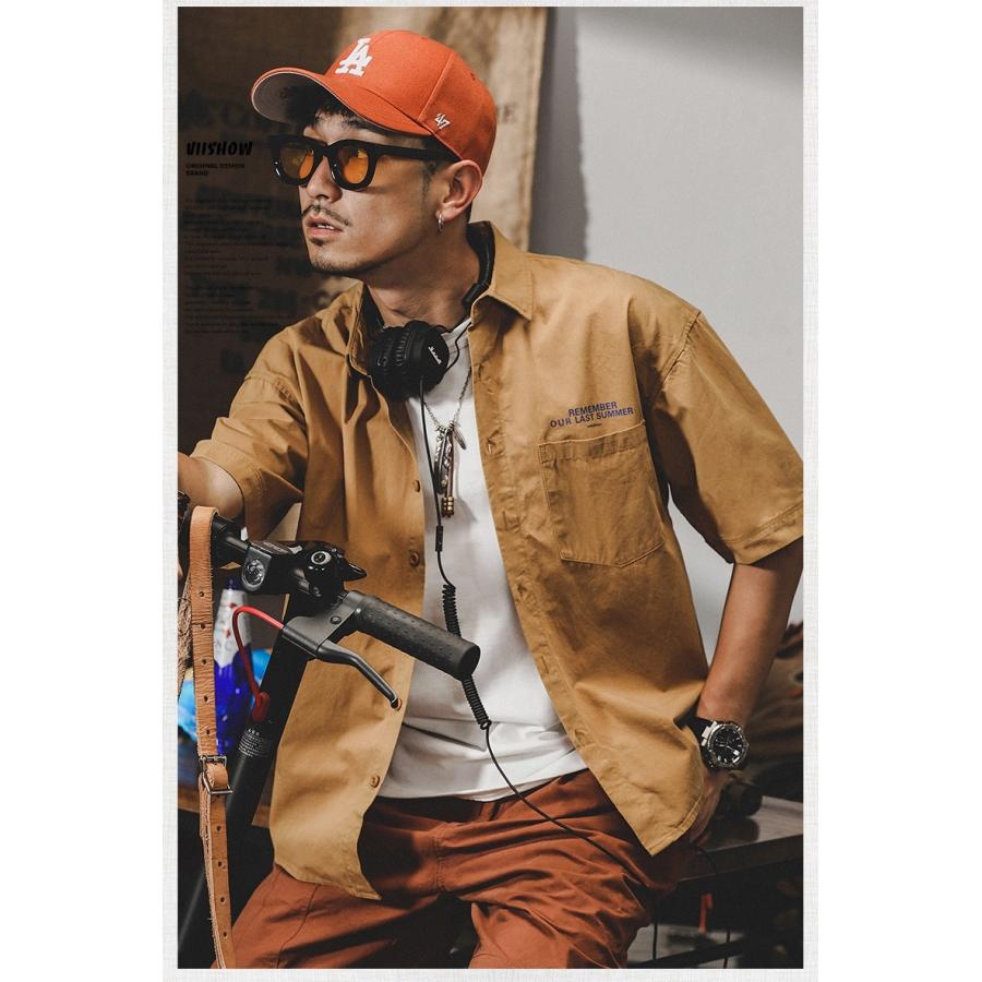 アメカジ ワークシャツ メンズ 白シャツ 半袖 ポケット付き 無地 ストリート バックプリント コットン おしゃれ 夏 | ホームアイホーム | 04