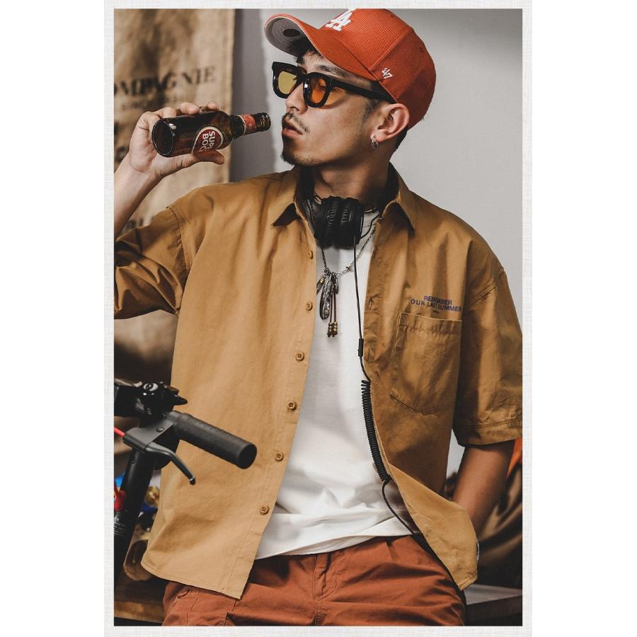 アメカジ ワークシャツ メンズ 白シャツ 半袖 ポケット付き 無地 ストリート バックプリント コットン おしゃれ 夏 | ホームアイホーム | 08