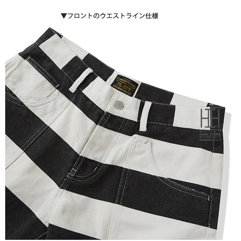 ショートパンツ ハーフパンツ メンズ ボーダー柄 ベイカーショートパンツ サンドウォッシュ加工 フロントボタンフライ 帆布 綿100 モーターサイクル 短パン | ホームアイホーム | 09