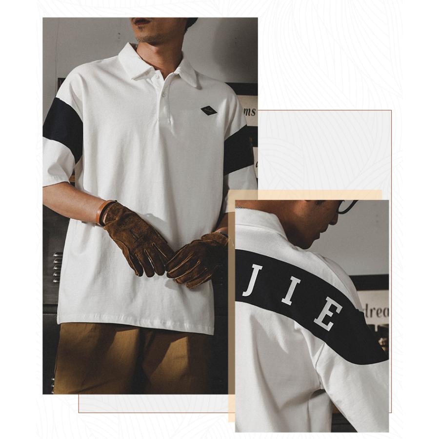 ポロシャツ カッコイイ 切り替え ビッグシルエット 英文字 半袖 シャツ メンズ シルケット加工 ゆったり アメカジ ストリート | ホームアイホーム | 04