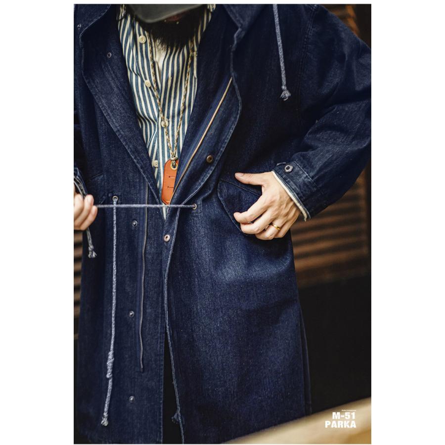 M-51 パーカ 10.2oz デニムコート インディゴモッズコート ロング デニムジャケット メンズ 綿 オーバーサイズ 大きいサイズ オーバーサイズ フード 通勤 通学 | ホームアイホーム | 11