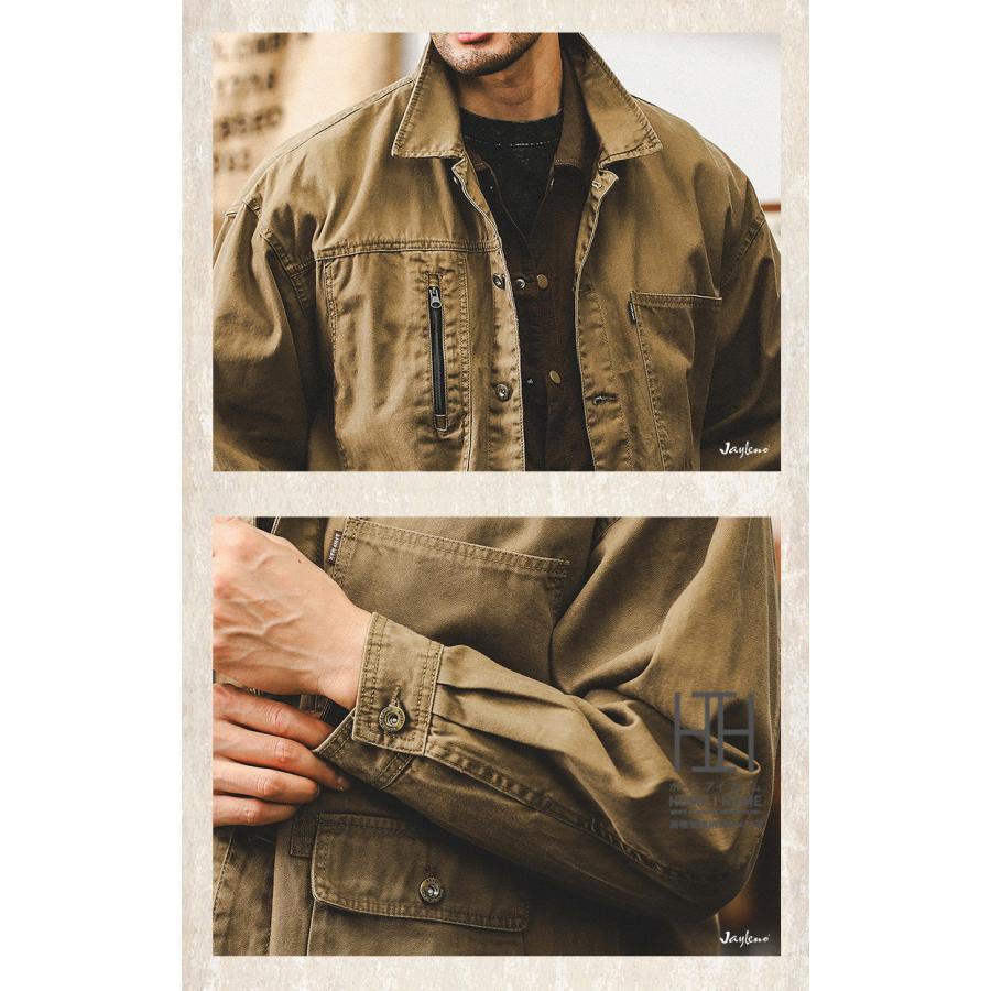 ワークシャツ シャツジャケット カバーオール メンズ 長袖 ヘビーウェイト ヘリンボーン 厚手 CPOシャツ ウォッシュ加工 長袖シャツ ジャンパー 大きいサイズ | ホームアイホーム | 11