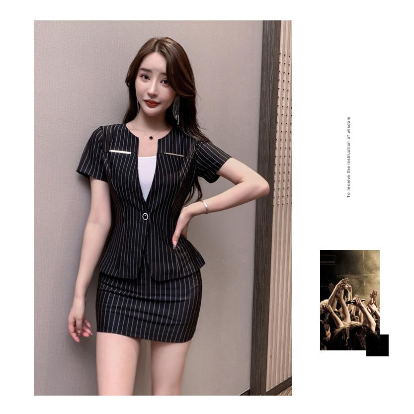 2点セット ミニスカート レディース ライトアウター ストラップ柄 ワンポイント 半袖 Vネック ボディライン タイトスカート 通勤仕事 きれいめ 上下セット | ホームアイホーム | 11