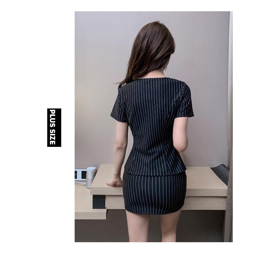 2点セット ミニスカート レディース ライトアウター ストラップ柄 ワンポイント 半袖 Vネック ボディライン タイトスカート 通勤仕事 きれいめ 上下セット | ホームアイホーム | 02