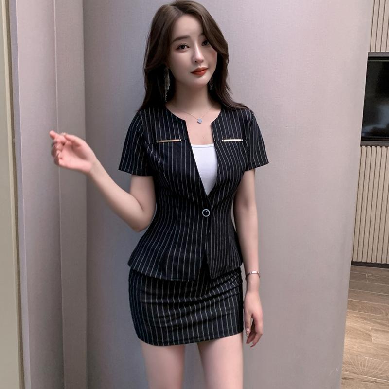 2点セット ミニスカート レディース ライトアウター ストラップ柄 ワンポイント 半袖 Vネック ボディライン タイトスカート 通勤仕事 きれいめ 上下セット | ホームアイホーム | 03