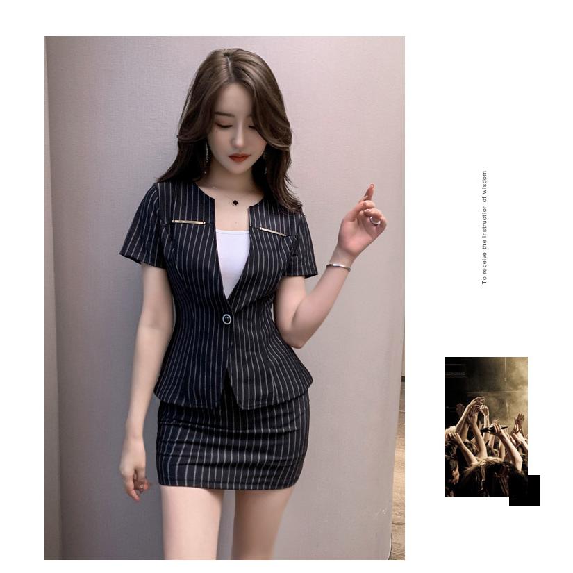 2点セット ミニスカート レディース ライトアウター ストラップ柄 ワンポイント 半袖 Vネック ボディライン タイトスカート 通勤仕事 きれいめ 上下セット | ホームアイホーム | 07