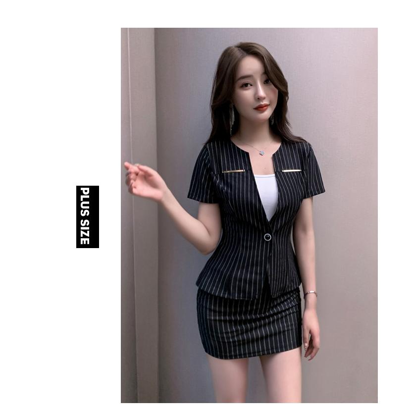 2点セット ミニスカート レディース ライトアウター ストラップ柄 ワンポイント 半袖 Vネック ボディライン タイトスカート 通勤仕事 きれいめ 上下セット | ホームアイホーム | 08