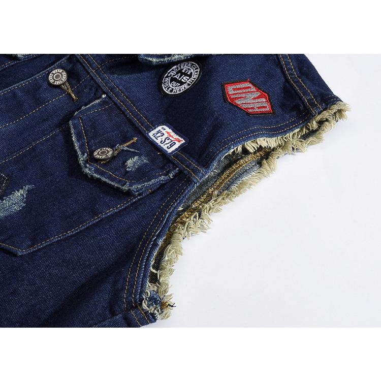 アメカジベスト スリム ワッペン デニムベスト 切りっぱなし お兄系 街着 羽織り ネイビー ビンテージ 男女兼用 | ホームアイホーム | 05