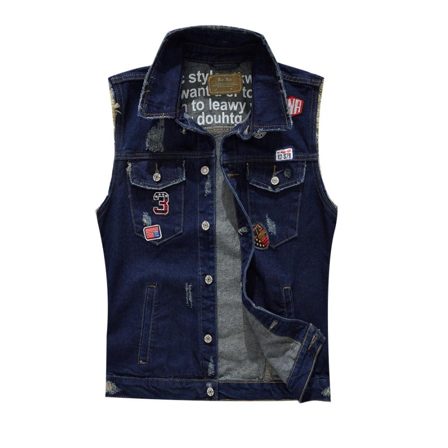 アメカジベスト スリム ワッペン デニムベスト 切りっぱなし お兄系 街着 羽織り ネイビー ビンテージ 男女兼用 | ホームアイホーム | 01