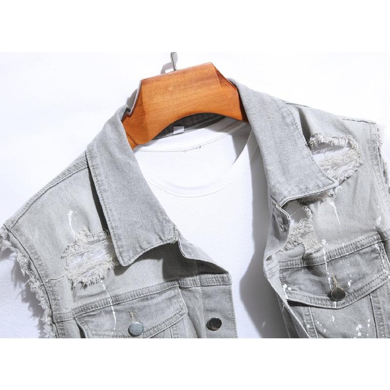 メンズ 前開きベスト カットオフ しぶきペイント クラッシュ デニムジャケット ベスト 無地 トップス Gジャン ノースリーブ トップス 男性 オシャレ カッコイイ | ホームアイホーム | 02