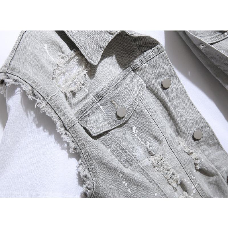 メンズ 前開きベスト カットオフ しぶきペイント クラッシュ デニムジャケット ベスト 無地 トップス Gジャン ノースリーブ トップス 男性 オシャレ カッコイイ | ホームアイホーム | 04