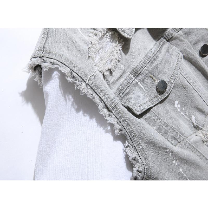 メンズ 前開きベスト カットオフ しぶきペイント クラッシュ デニムジャケット ベスト 無地 トップス Gジャン ノースリーブ トップス 男性 オシャレ カッコイイ | ホームアイホーム | 05