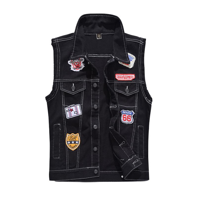 ワッペン付き デニムベスト ユニセックス 前開きベスト オシャレ デニム 袖なし 白 ブラックデニムジャケット 春秋 | ホームアイホーム | 02
