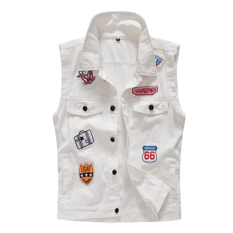 ワッペン付き デニムベスト ユニセックス 前開きベスト オシャレ デニム 袖なし 白 ブラックデニムジャケット 春秋 | ホームアイホーム | 01
