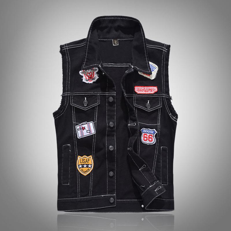 ワッペン付き デニムベスト ユニセックス 前開きベスト オシャレ デニム 袖なし 白 ブラックデニムジャケット 春秋 | ホームアイホーム | 04
