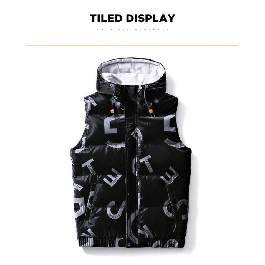 中綿ベスト 中綿入り フード付き メンズ 英文字 おしゃれ プリント 防寒対策 暖かい カジュアル あったか 秋冬 前開き アウター 防寒ベスト | ホームアイホーム | 02