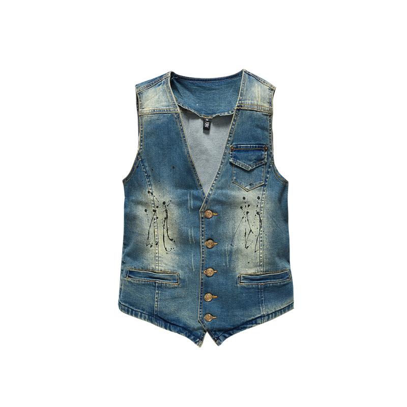デニムベスト スリム メンズ ベスト デニムベスト デニム メンズ Vネック ノースリーブ ペイント カジュアル ストリート | ホームアイホーム | 01