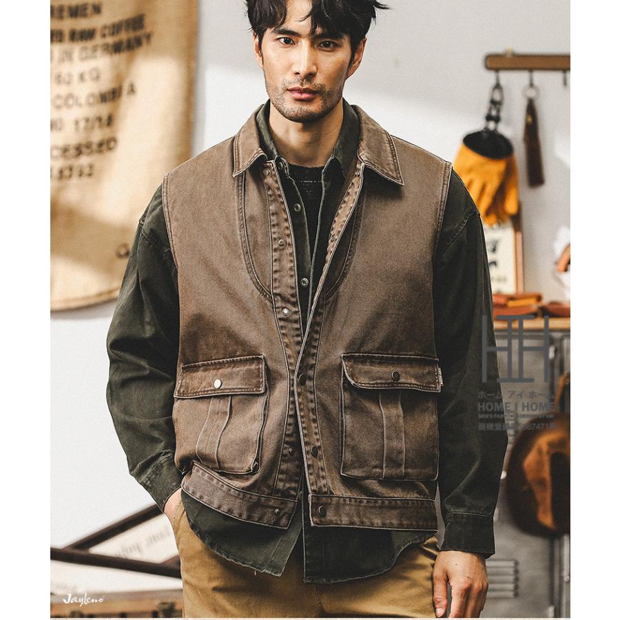 綿 100 ベスト ジレ メンズ 作業服 大きいサイズ ウォッシュ加工 レイヤード ワークベスト アメカジ ストリート アウトドア アメカジ ワーク バイカー カーゴ | ホームアイホーム | 09