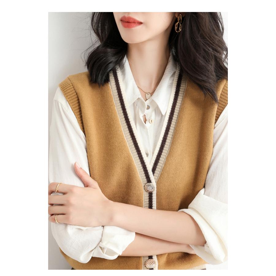 ニットベスト ベスト 秋コーデ レディース 薄手 前開き トップス Vネック ゆったり 洗える お洒落 差し色 キレイめ 重ね着 セーター 袖なし カジュアル | ホームアイホーム | 06