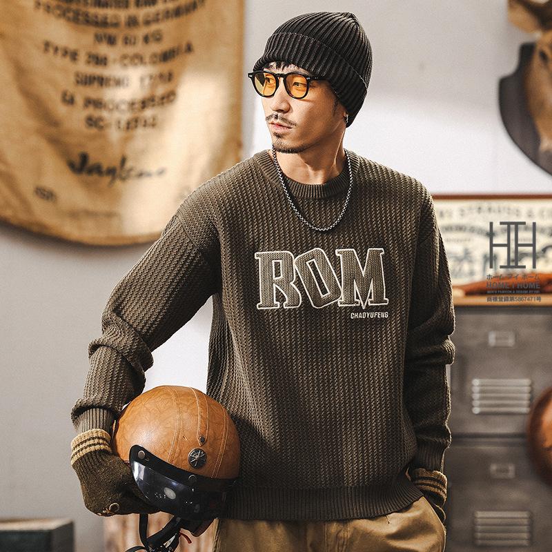 ニットセーター メンズ 長袖 畦編み クルーネック 英文字 刺繍 おしゃれ 厚手 ニットソー おしゃれ 暖かい 防寒 20代 30代 40代 メンズニット メンズセーター | ホームアイホーム