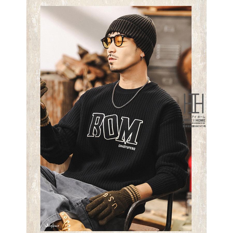 ニットセーター メンズ 長袖 畦編み クルーネック 英文字 刺繍 おしゃれ 厚手 ニットソー おしゃれ 暖かい 防寒 20代 30代 40代 メンズニット メンズセーター | ホームアイホーム | 11