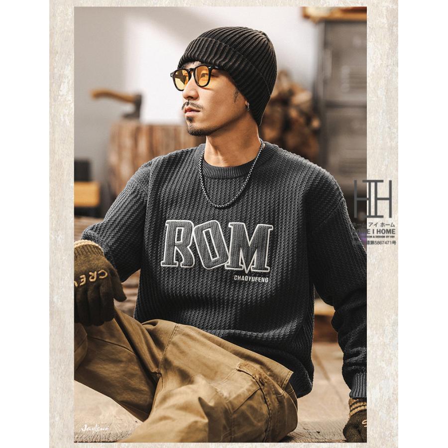 ニットセーター メンズ 長袖 畦編み クルーネック 英文字 刺繍 おしゃれ 厚手 ニットソー おしゃれ 暖かい 防寒 20代 30代 40代 メンズニット メンズセーター | ホームアイホーム | 14