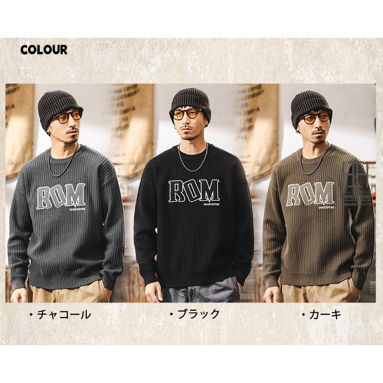 ニットセーター メンズ 長袖 畦編み クルーネック 英文字 刺繍 おしゃれ 厚手 ニットソー おしゃれ 暖かい 防寒 20代 30代 40代 メンズニット メンズセーター | ホームアイホーム | 01