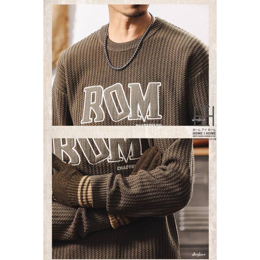 ニットセーター メンズ 長袖 畦編み クルーネック 英文字 刺繍 おしゃれ 厚手 ニットソー おしゃれ 暖かい 防寒 20代 30代 40代 メンズニット メンズセーター | ホームアイホーム | 02