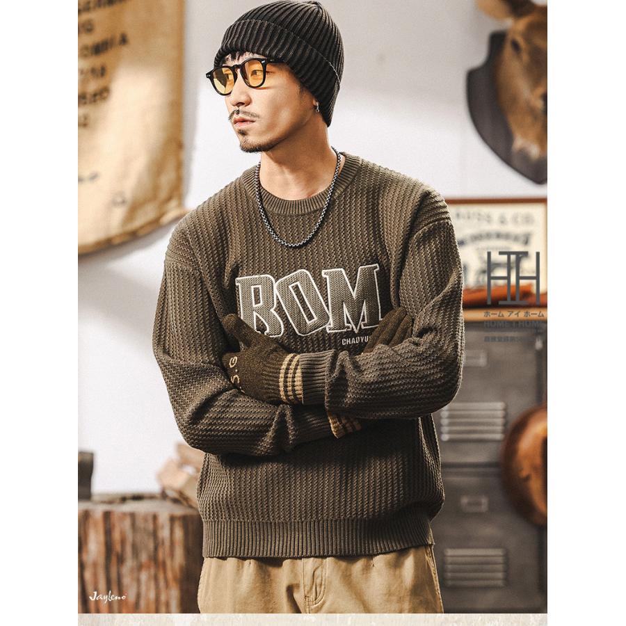 ニットセーター メンズ 長袖 畦編み クルーネック 英文字 刺繍 おしゃれ 厚手 ニットソー おしゃれ 暖かい 防寒 20代 30代 40代 メンズニット メンズセーター | ホームアイホーム | 07