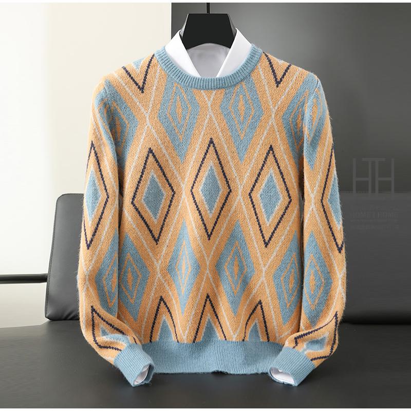 ニット セーター メンズ 長袖 ウール100% ダイヤ柄ニット おしゃれ 大きいサイズ トップス クルーネック 丸首 暖かい 防寒 ストレッチ 柔らかい 秋 冬 秋冬 | ホームアイホーム | 05
