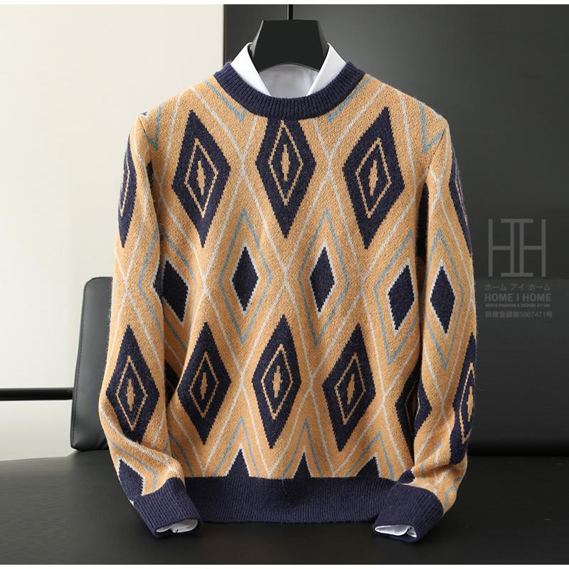 ニット セーター メンズ 長袖 ウール100% ダイヤ柄ニット おしゃれ 大きいサイズ トップス クルーネック 丸首 暖かい 防寒 ストレッチ 柔らかい 秋 冬 秋冬 | ホームアイホーム | 06