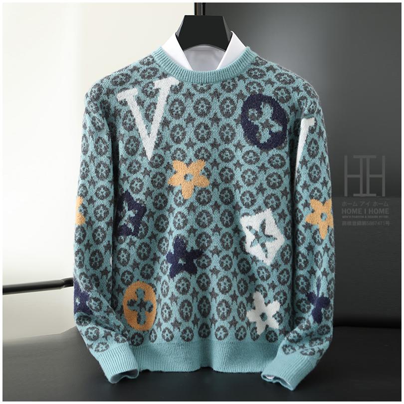 ウール100 ニット メンズ セーター おしゃれ ニットセーター 柄物 総柄 クルーネック ニットソー トップス 暖かい 防寒 リブ ルームウェア プレゼント 秋 冬 | ホームアイホーム | 12