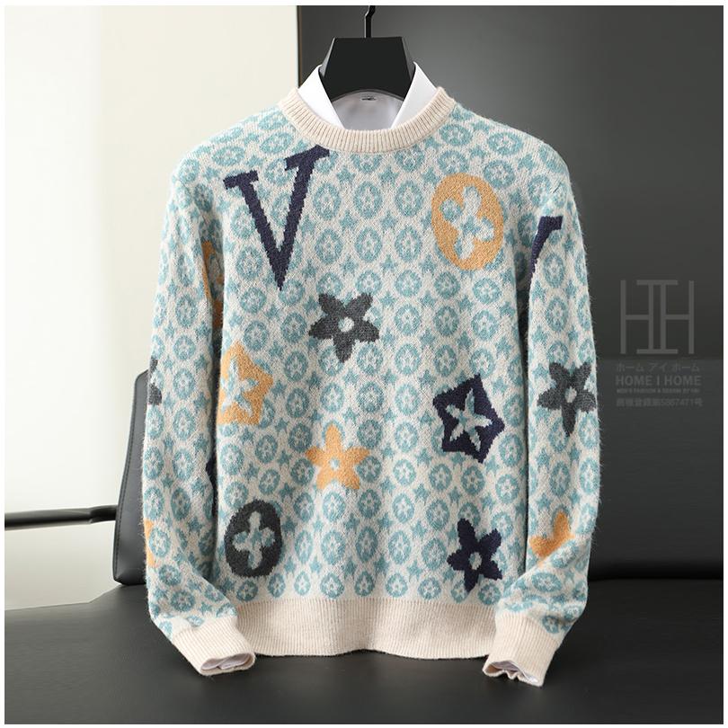ウール100 ニット メンズ セーター おしゃれ ニットセーター 柄物 総柄 クルーネック ニットソー トップス 暖かい 防寒 リブ ルームウェア プレゼント 秋 冬 | ホームアイホーム | 09