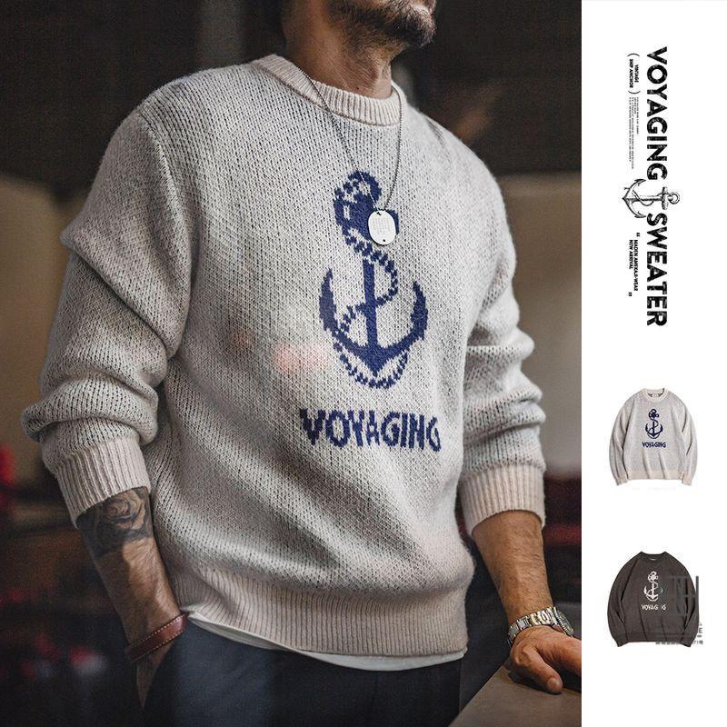 ニット メンズ 長袖 セーター リブ ジャカード 錨 イカリ模様 英文字 ウール混 トップス クルーネック カジュアル 20代 30代 40代 50代 60代 アクリル 秋 冬 | ホームアイホーム