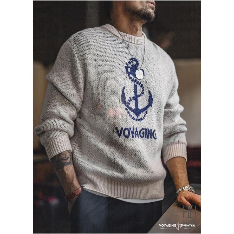 ニット メンズ 長袖 セーター リブ ジャカード 錨 イカリ模様 英文字 ウール混 トップス クルーネック カジュアル 20代 30代 40代 50代 60代 アクリル 秋 冬 | ホームアイホーム | 14