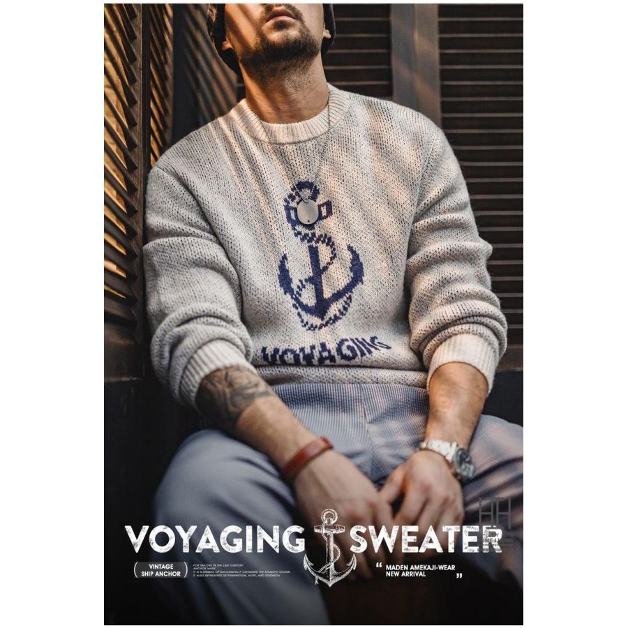 ニット メンズ 長袖 セーター リブ ジャカード 錨 イカリ模様 英文字 ウール混 トップス クルーネック カジュアル 20代 30代 40代 50代 60代 アクリル 秋 冬 | ホームアイホーム | 15