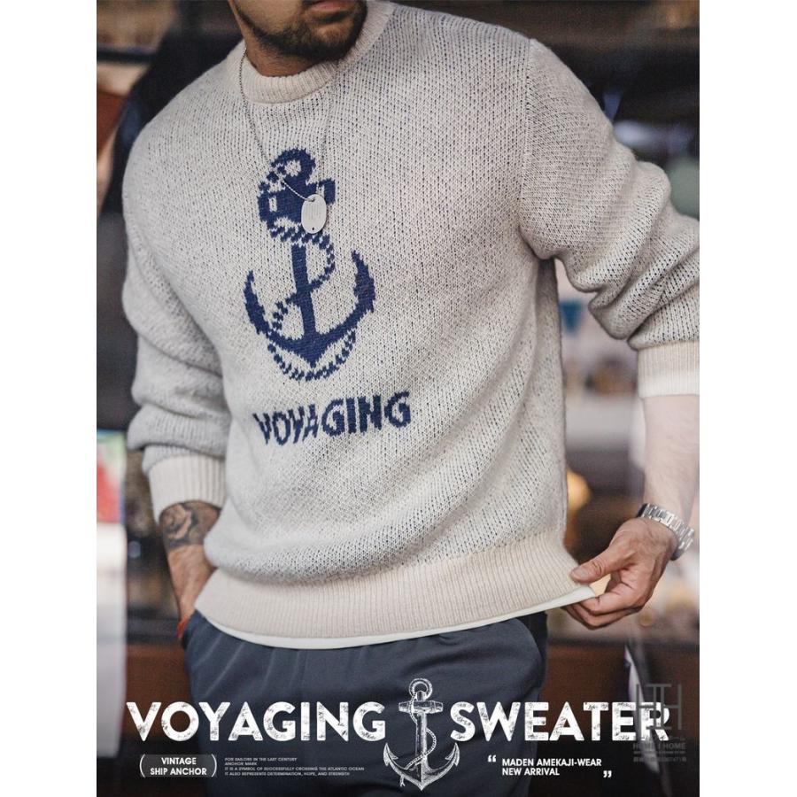 ニット メンズ 長袖 セーター リブ ジャカード 錨 イカリ模様 英文字 ウール混 トップス クルーネック カジュアル 20代 30代 40代 50代 60代 アクリル 秋 冬 | ホームアイホーム | 03