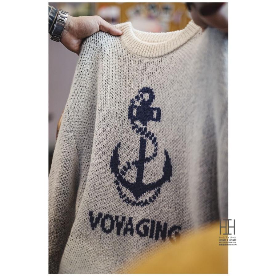 ニット メンズ 長袖 セーター リブ ジャカード 錨 イカリ模様 英文字 ウール混 トップス クルーネック カジュアル 20代 30代 40代 50代 60代 アクリル 秋 冬 | ホームアイホーム | 05