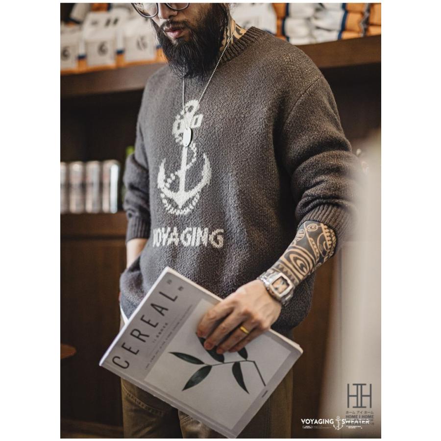 ニット メンズ 長袖 セーター リブ ジャカード 錨 イカリ模様 英文字 ウール混 トップス クルーネック カジュアル 20代 30代 40代 50代 60代 アクリル 秋 冬 | ホームアイホーム | 10