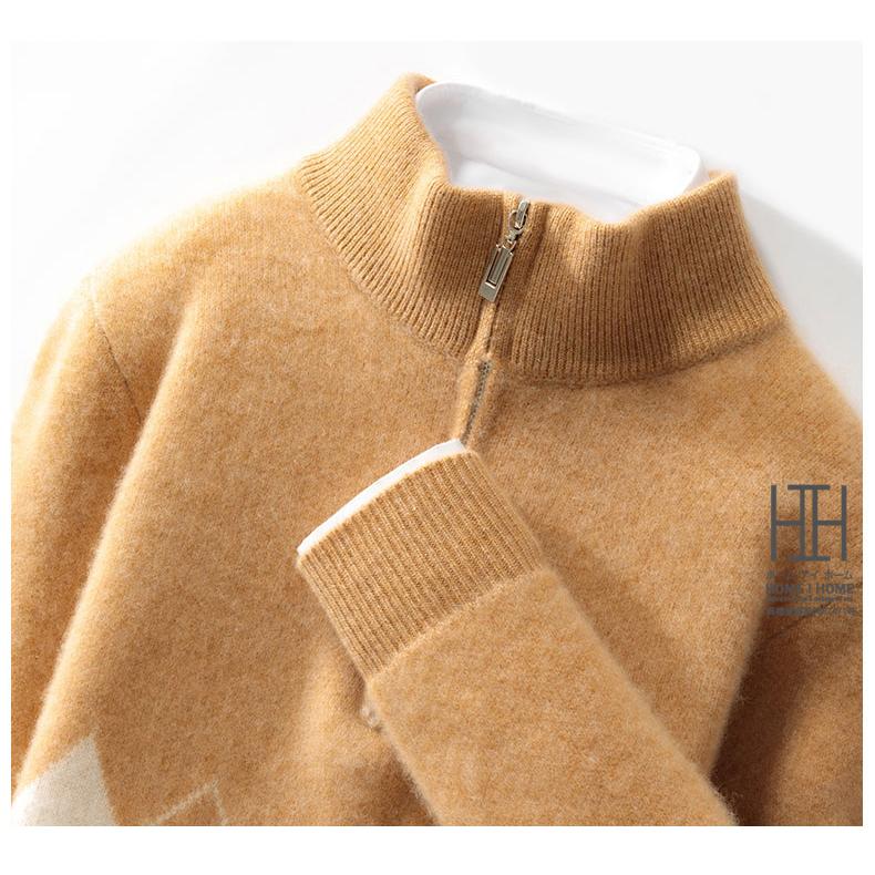 ウールセーター メンズ 長袖 ハーフジップ仕様 おしゃれ セーター ウール100％ ダイヤ柄 カラー配色 ハイネック ニット 秋服 冬服 冬 通勤 カジュアル ビジカジ | ホームアイホーム | 13