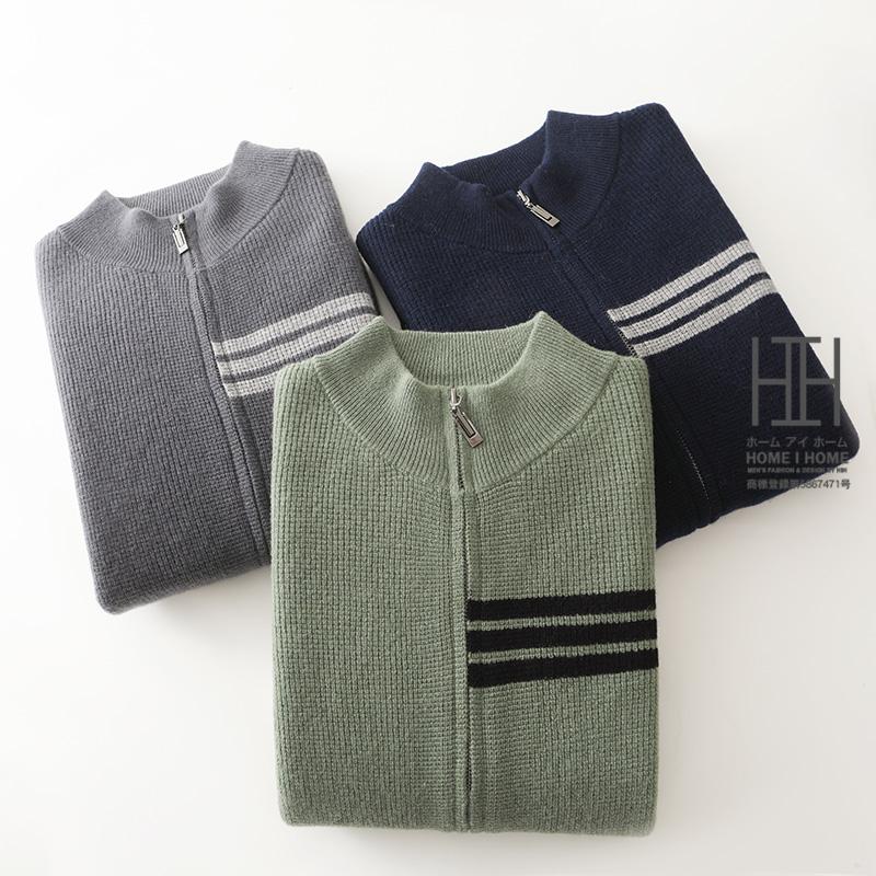 カーディガン ニットジャケット メンズ ライン入り スタンドカラー メリノ ウール100 おしゃれ モックネック リブ ニットセーター ニットカーディガン 通勤 通学 | ホームアイホーム | 06