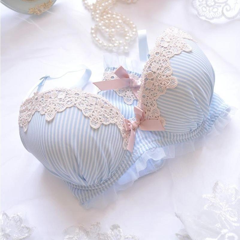 下着女性 2点セット ブラ＆ショーツセット レディースしっかり 少女 谷間 ストライプ柄 リボン 上下セット ランジェリー | ホームアイホーム | 10