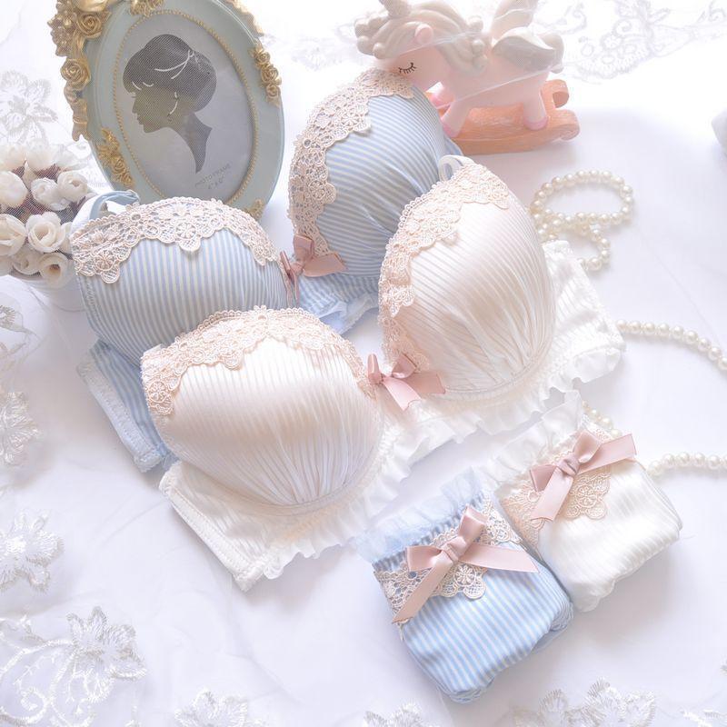 下着女性 2点セット ブラ＆ショーツセット レディースしっかり 少女 谷間 ストライプ柄 リボン 上下セット ランジェリー | ホームアイホーム | 01