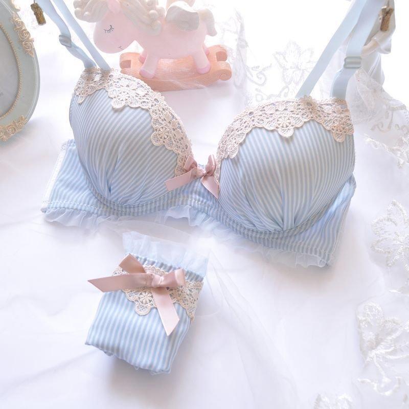 下着女性 2点セット ブラ＆ショーツセット レディースしっかり 少女 谷間 ストライプ柄 リボン 上下セット ランジェリー | ホームアイホーム | 03