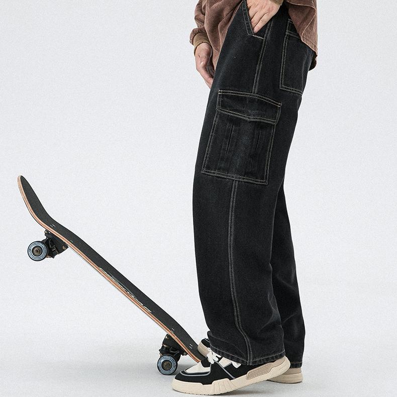 カーゴデニムパンツ ジーンズ ストレート メンズ ロング丈 作業 ゆったり カジュアル 多ポケットビター系 個性 ユーズド加工 ボトムズ ズボン | ホームアイホーム