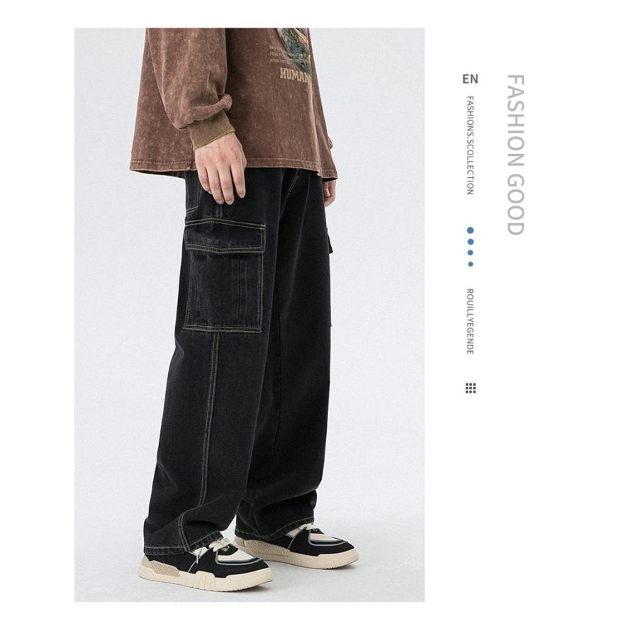 カーゴデニムパンツ ジーンズ ストレート メンズ ロング丈 作業 ゆったり カジュアル 多ポケットビター系 個性 ユーズド加工 ボトムズ ズボン | ホームアイホーム | 13