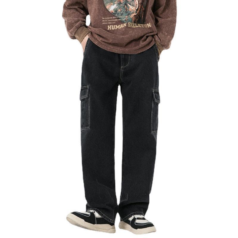 カーゴデニムパンツ ジーンズ ストレート メンズ ロング丈 作業 ゆったり カジュアル 多ポケットビター系 個性 ユーズド加工 ボトムズ ズボン | ホームアイホーム | 01