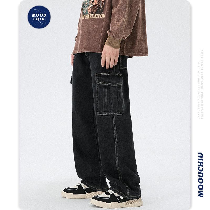 カーゴデニムパンツ ジーンズ ストレート メンズ ロング丈 作業 ゆったり カジュアル 多ポケットビター系 個性 ユーズド加工 ボトムズ ズボン | ホームアイホーム | 02